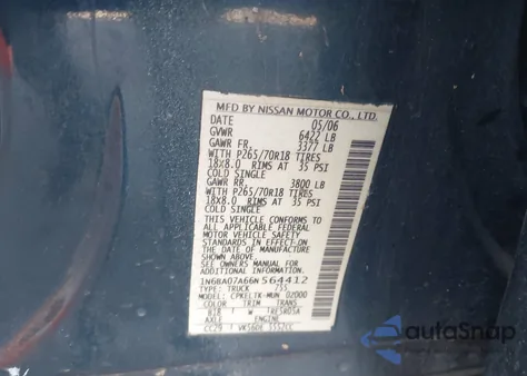 2006 Nissan Titan Se z USA, uszkodzony, nr VIN 1N6BA07A66N564412